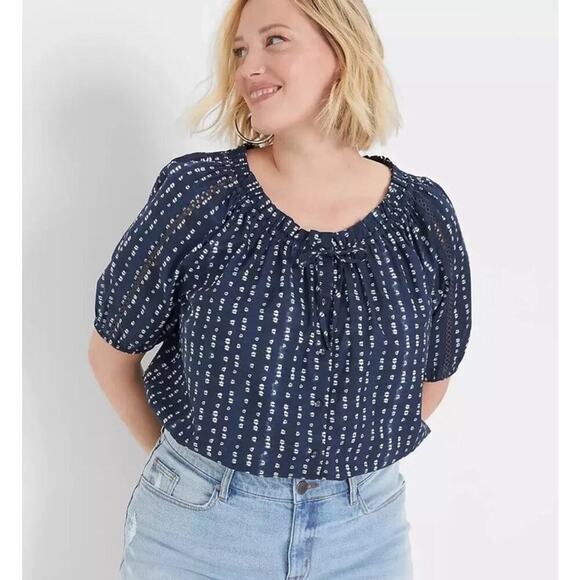 Lane Bryant Women’s Sz 14/16 Navy Batik Short Sleeve Button-Down‎ Crop Top NWT - Picture 1 of 10